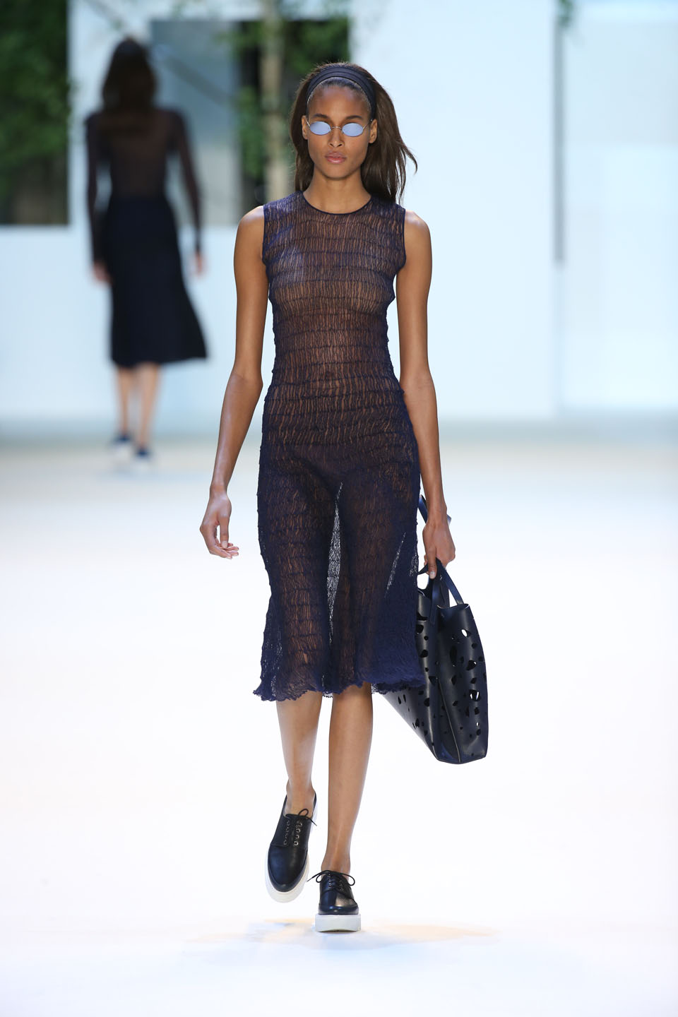 Cindy Bruna (Metropolitan) Aquamarine cotton knit dress Medium shoulder Ai in lasercut leather