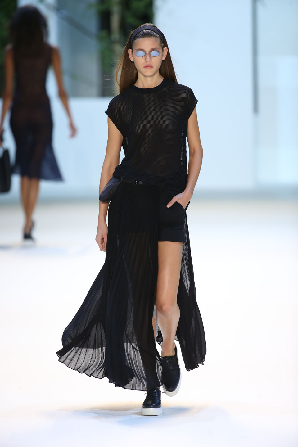 Vivienne Rohner (Elite) Black techno mesh top, long plissé shorts skirt