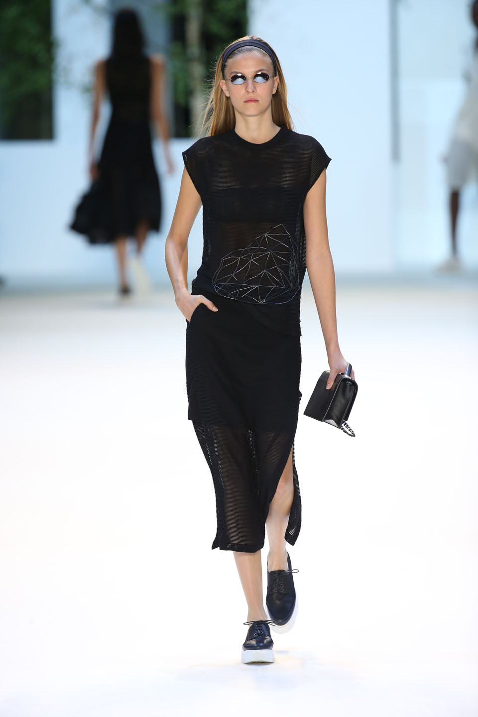 Emeline Ghesquière (Oui) Black techno mesh embroidery top and long panel skirt Anouk City with embellishment