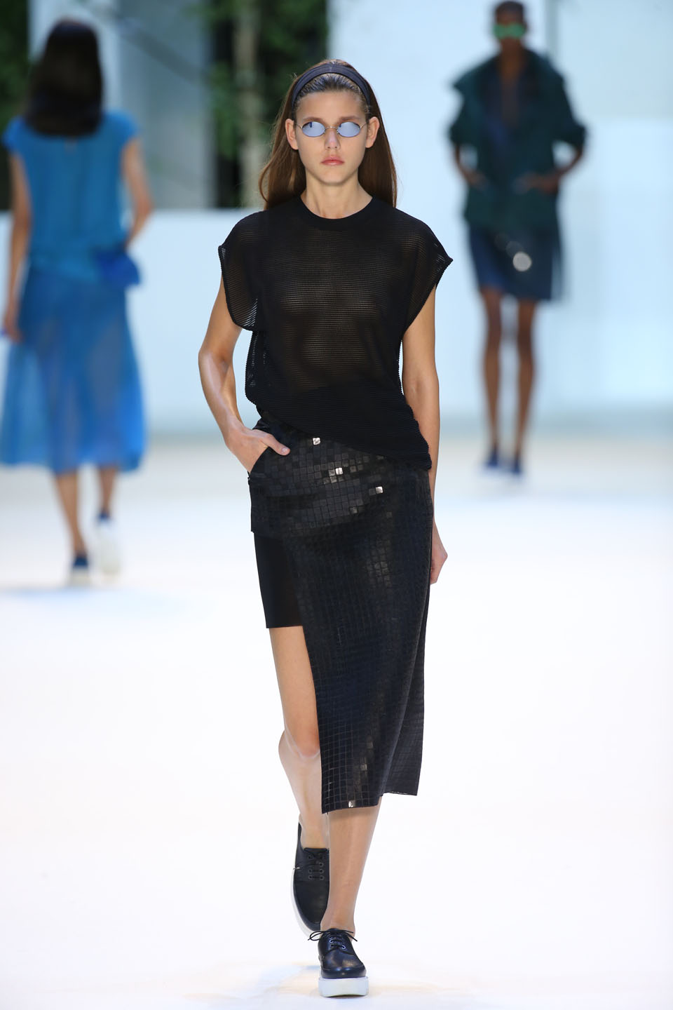 Vivienne Rohner (Elite) Black techno mesh top, asymmetrical embroidery silk skirt